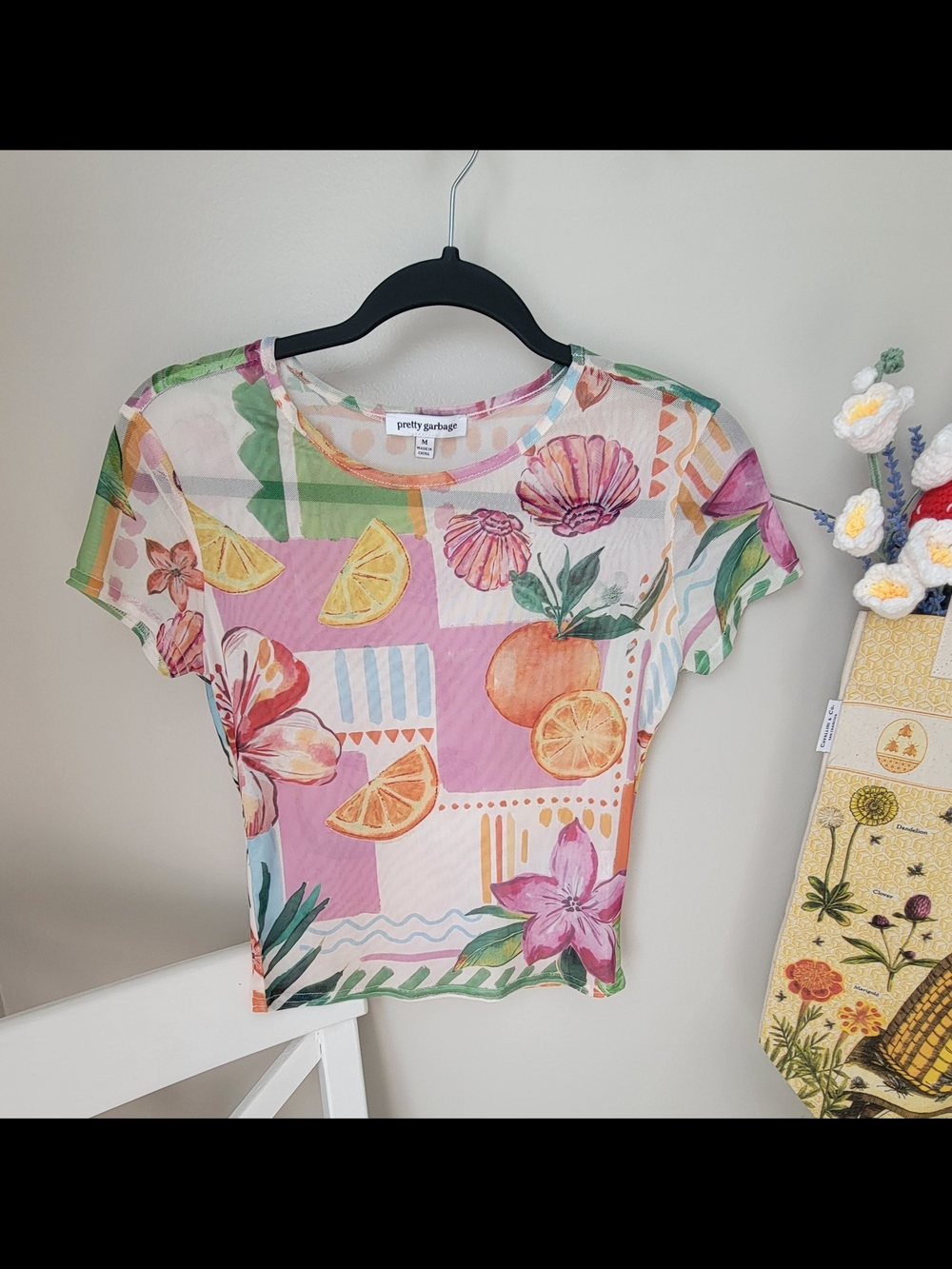 Pretty Garbage Pink & Multicolor Floral Citrus Mesh Tee Size M